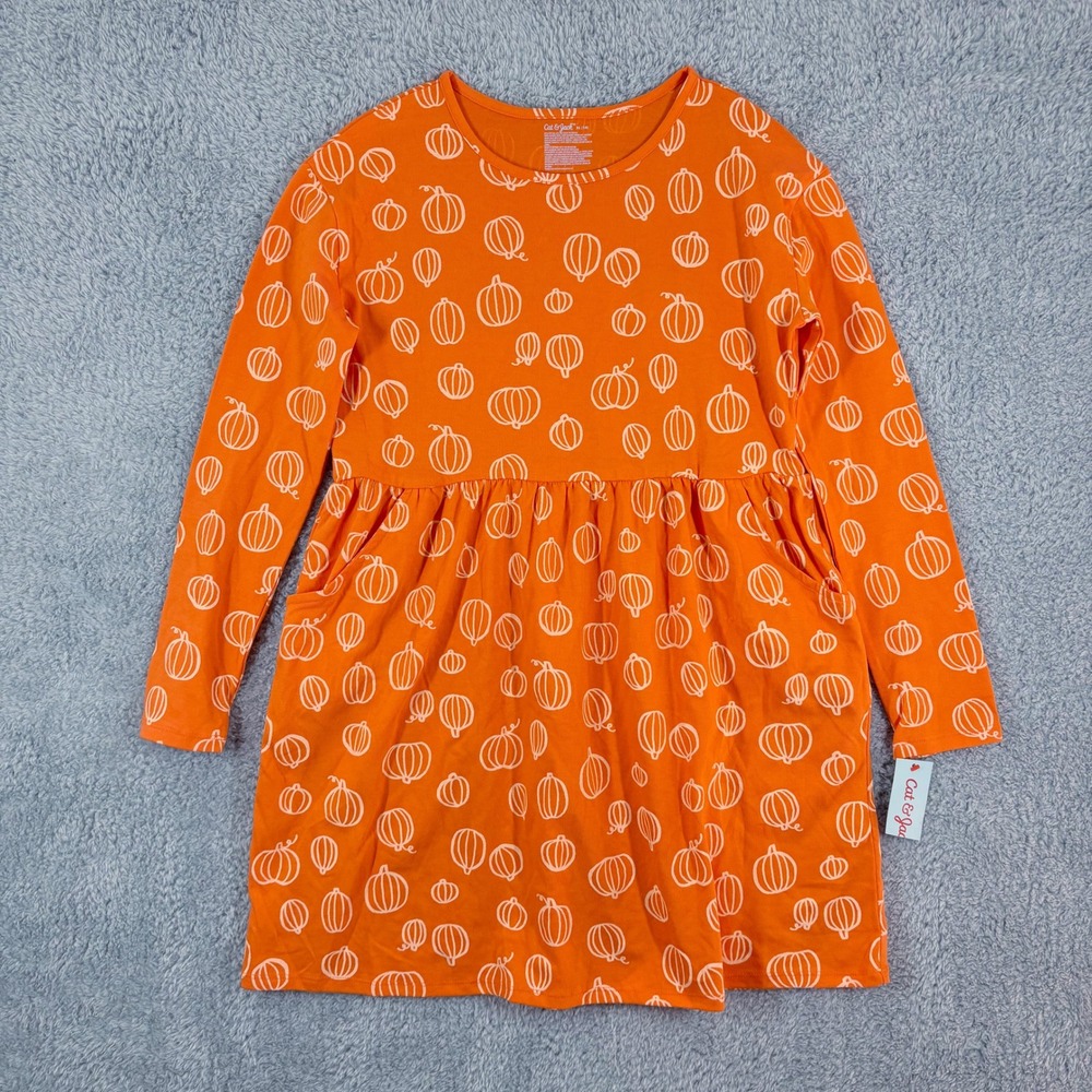 NEW Cat & Jack Girls Orange Pumpkin Print Long Sleeve Dress Kid‎ Size Halloween